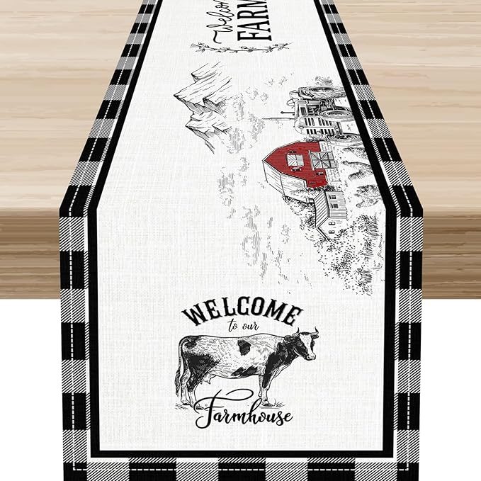Farmhouse Table Runner, Rustic Country Barn Cottage Rooster Cow Check Animal Plank Coffee Table Center Decor for Home Kitchen Dining Patio Holiday Party Indoor Outdoor Table Decorations 13"x108"