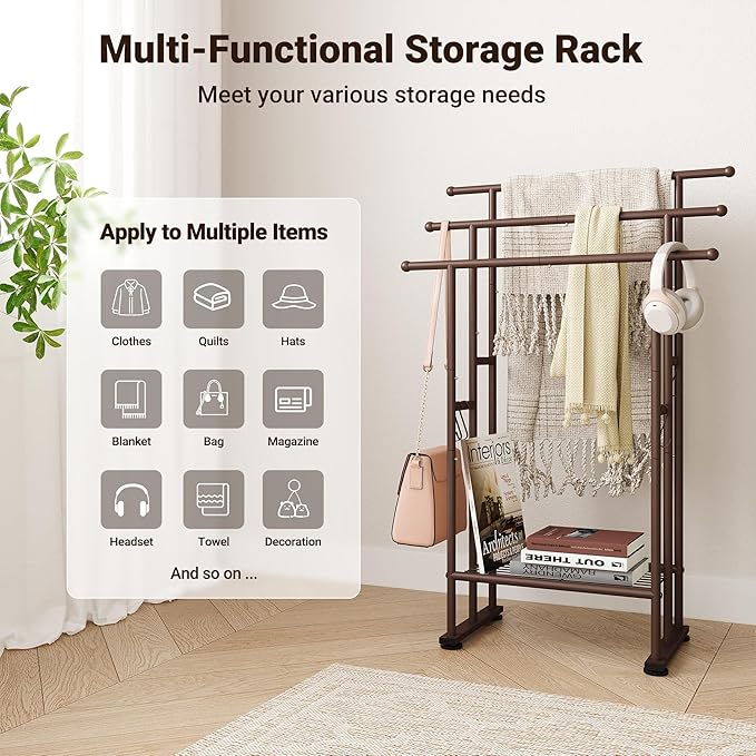 ELYKEN 3 Tier Standing Towel Rack, 40'' Tall Towel Drying Rack Outdoor, Freestanding Floor Towel Rack with Shelf, Pool Towel Blanket Stand, Metal Towel Racks for Bathroom freestanding, Bronze