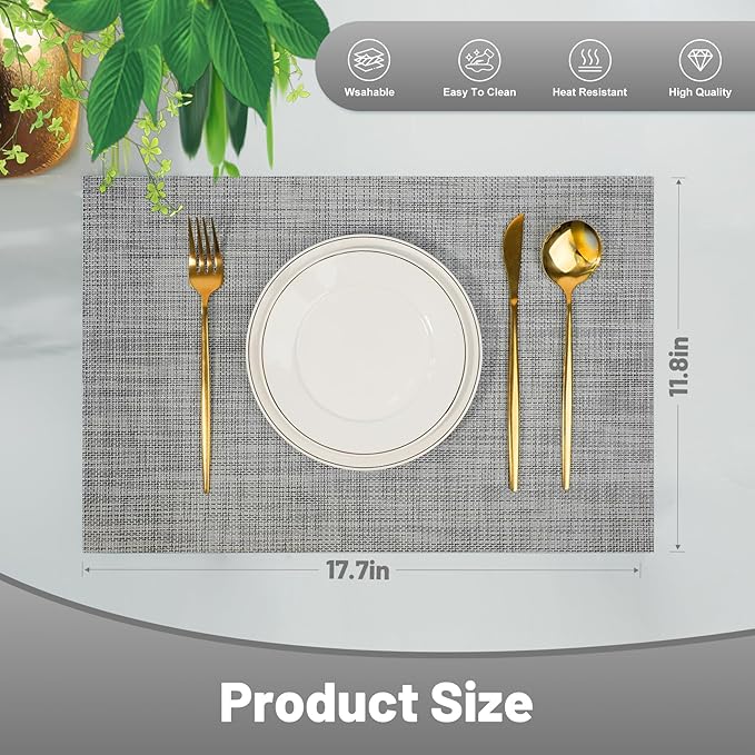 Placemats Set of 8，Non-Slip PVC Weave Table Mats Easy to Clean，Heat Resistant Place Mats for Kitchen Dining Table Decoration Indoor Outdoor，Gray