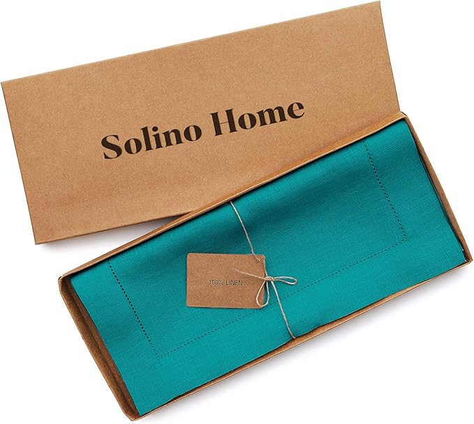 Solino Home Linen Teal Table Runner 144 Inches Long - 100% Pure Linen Extra Long Table Runner 14 x 144 Inch - Classic Hemstitch
