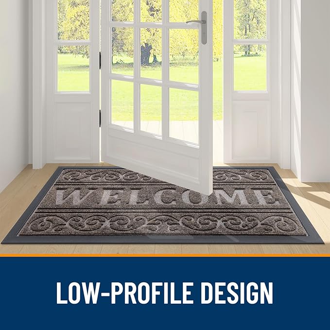 OLANLY Welcome Door Mat Indoor Outdoor Entrance, Heavy Duty Sturdy Front Door Mat, Waterproof All-Weather Doormat, Stain Resistant, Low Profile, Easy Clean Patio Entryway Mat, 47 x 32, Medium Brown