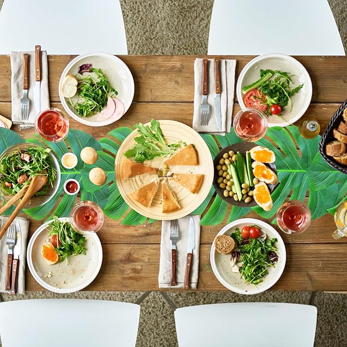 12 Pcs Palm Leaves Table Runners 72 Inch, Artificial Tropical Palm Leaves Table Runner Faux Leaf Table Cloth for Wedding Hawaiian Luau Theme Party Supply Summer Table Wall Decorations