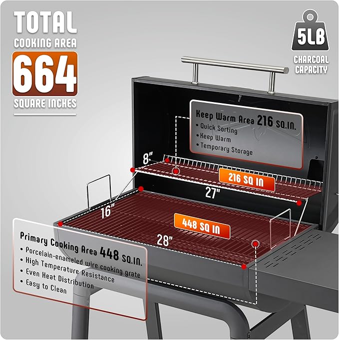 BBQ Charcoal Grill with Side Table, 30-In Heavy Duty Outdoor BBQ Grill with 647 Sq. In Cooking Area for Outdoor Barbecue in Backyard, Patio and Parties, Black
