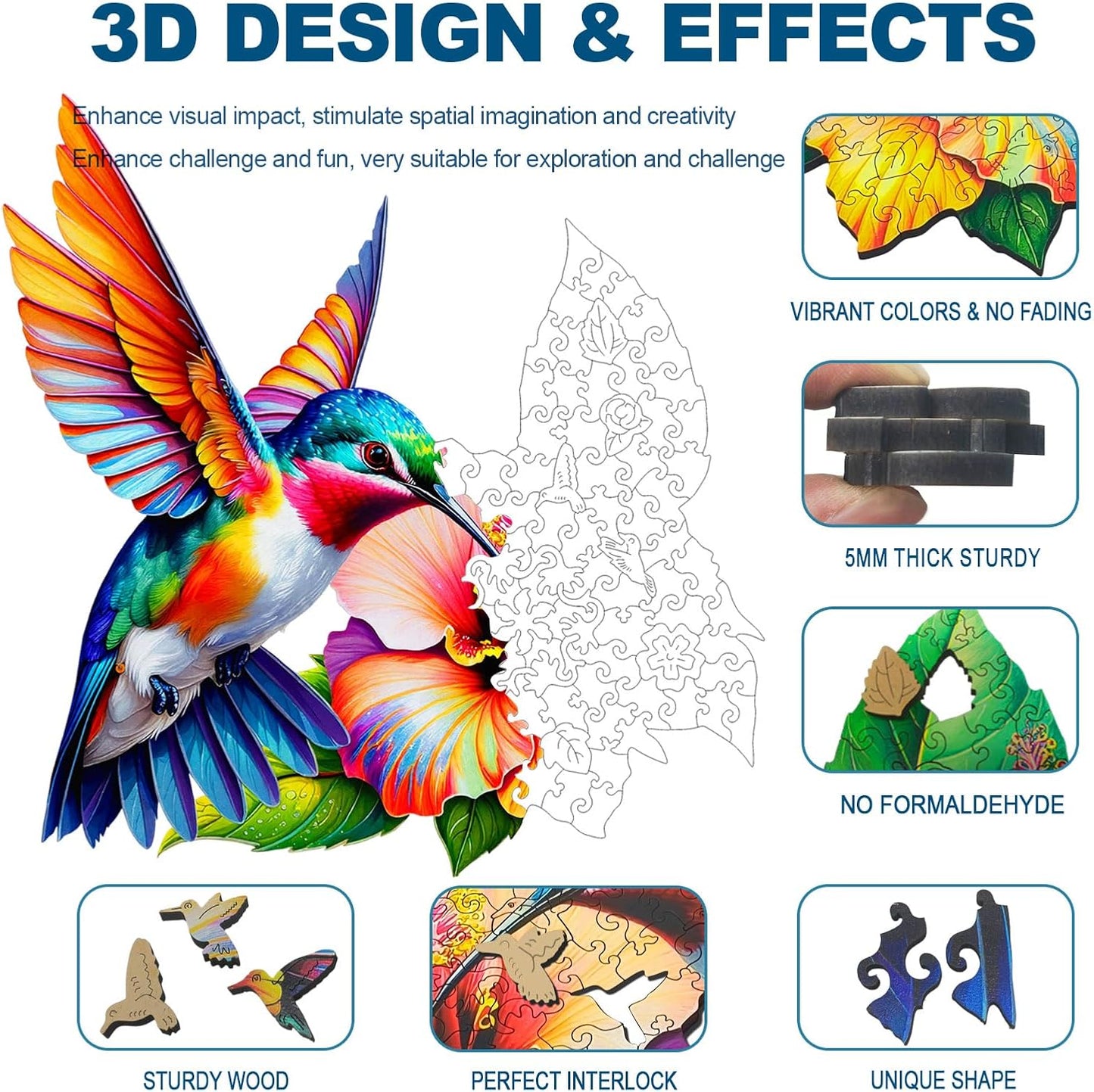 Wooden Jigsaw Puzzles for Adults and Kids, Hummingbird Blossom 200 Piece Unique Shaped Puzzle, Family Game and Creative Wooden Puzzle Gift, Wall Art Decor