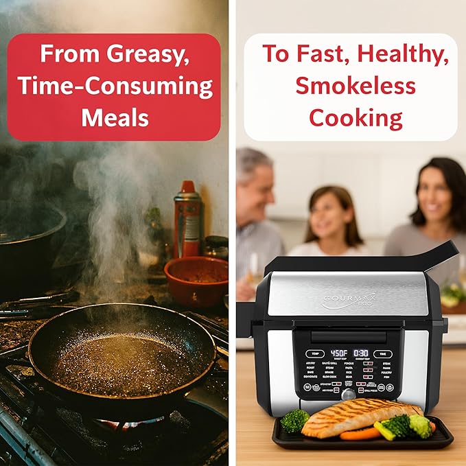 Foodgenie Gourmax Pro One Cooking Device - All-in-One Oven, Smokeless Grill, Air Fryer, Griddle, Cooker & More – 16 Preset Functions, Smart Temperature Control, Dual Surface, Dishwasher Safe, 1500W