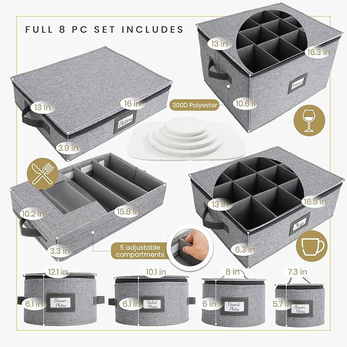 HOMELUX THEORY Plate Storage Box, 4pc Light Gray Hard Shell China Storage Containers with 48 Felt Pads, Kitchen Storage Bins With Lids, Moving Box with Handles for Dishes, Dinner Plate & Platter