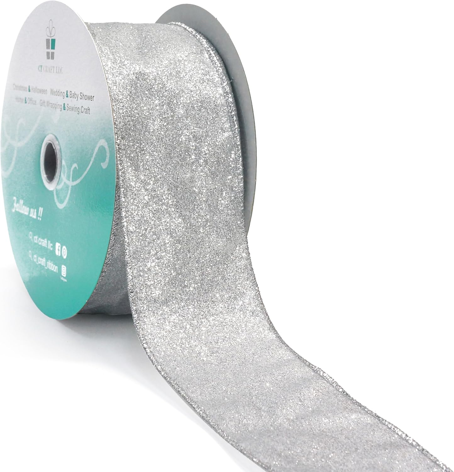 CT CRAFT LLC Glitter Wired Ribbon 2.5" x 20 Yards Silver for Christmas Home Decor Bow Gift Wrapping DIY Crafts Wreath