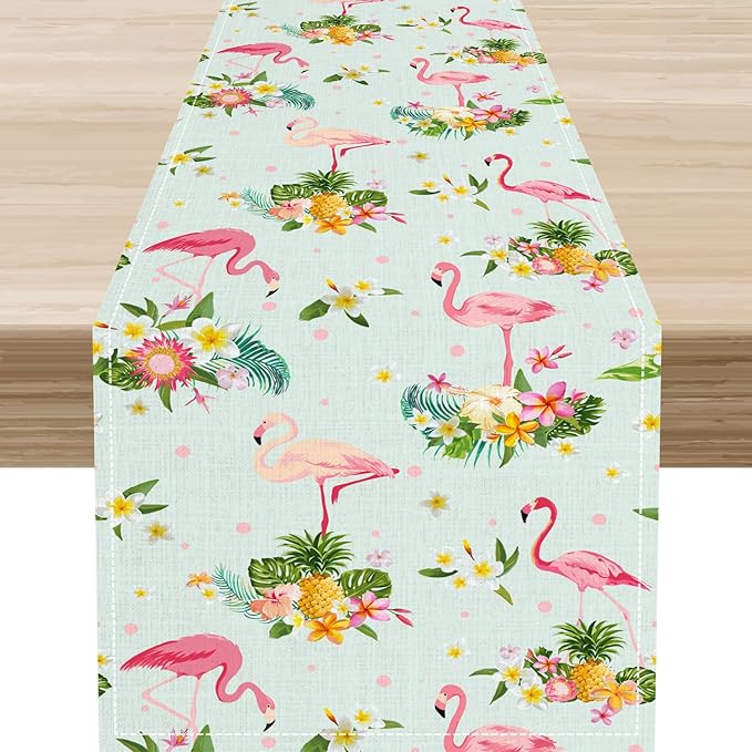 Tropical Flamingo Table Runner,Spring Summer Floral Dots Pineapples Hawaiian Luau Table Center Decor for Family Kitchen and Living Room Outdoor Farmhouse Party Table Decorations, 13"x90"