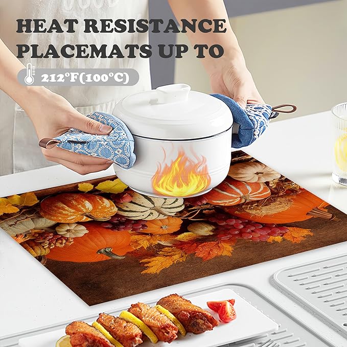 Orange Pumpkins Linen Placemats Set of 6,12x18 Inch Fall Thanksgiving Washable Table Mats Heat Resistant Place Mats for Home Party Kitchen Dining Decoration