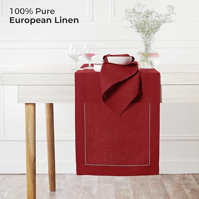 D'Moksha Homes Linen Red Table Runner 60 Inches - Classic Hemstitch, 100% Pure Linen Coffee Table Runner 14 x 60 Inch Ideal for Dresser Tables, Valentines, Spring