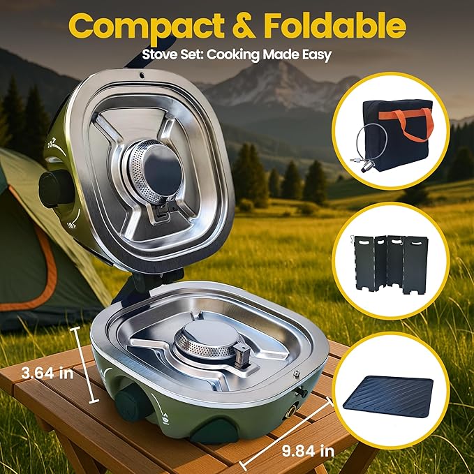 BJIPFO 2 Burner Foldable Camping Stove, Portable Propane Camp Stove,With Grill、Carry Bag Windscreen，20,000BTU Adjustable Burners & Piezo Ignition for Tailgating,BBQ,camp essentials gear