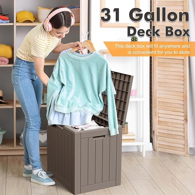 31 Gallon Outdoor Storage Deck Box Waterproof,Garden Tool,Backyard Cushion,Poolside Storage,Small Delivery Boxes for Outside,Lockable Lid,Wood-like Striped Black