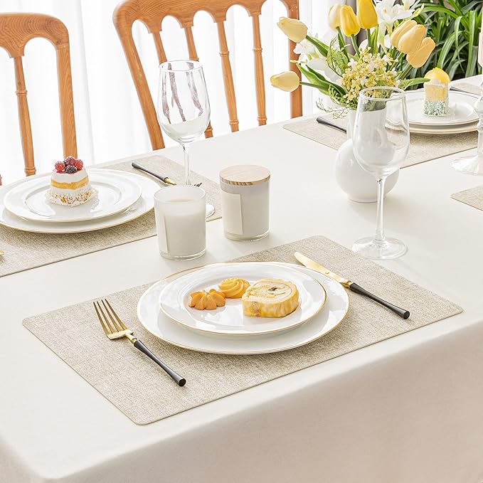 Romanstile Vinyl Placemats Set of 8-12 X 17 Inch - Heat Resistant Place Mats 100% Waterproof Oilproof Wipeable Reversible Faux Leather Table Mats for Kitchen, Dining, Party, Outdoor, Beige