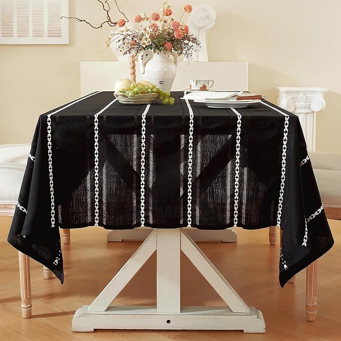 Chassic 60 x 120 inches Farmhouse Style Linen tablecloths, Wrinkle Resistant Washable Dining Room Table Cloths for 8 Foot Rectangle Tables - Hemstitch Black