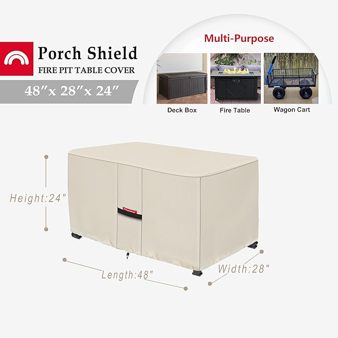 Porch Shield Patio Fire Pit Cover - Waterproof 600D Outdoor Rectangular Fire Table Cover Deck Box Protector - 48 x 28 inch, Beige