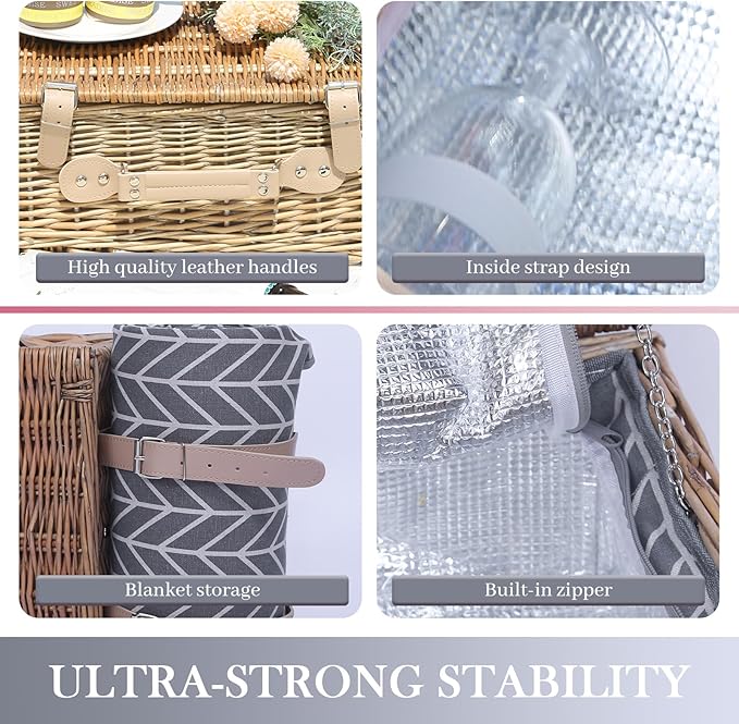 Neti Neti Wicker Picnic Basket for 4 with Insulated Cooler & Waterproof Blanket – Large Willow Picnic Hamper for Outdoor, Camping, Beach, Romantic Dates, Valentine’s Day