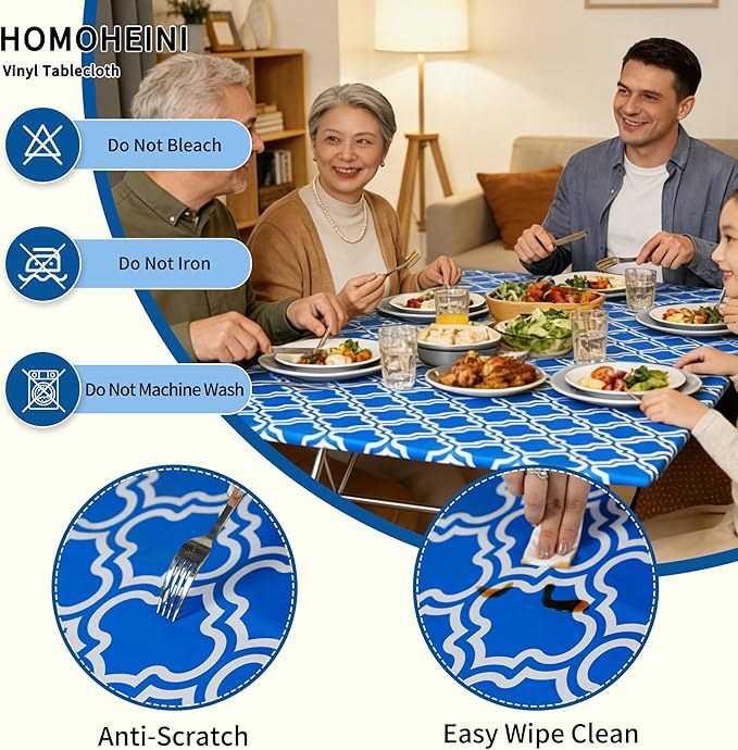 Rectangle Picnic Table Cloth, Elastic Waterproof Fitted Vinyl Tablecloths for 5 Foot Tables, Wipeable Flannel Backed Table Covers for Dining, Camping, Outdoor(Blue,36"x60")