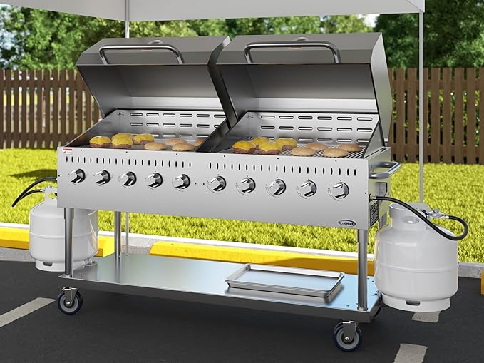 72 in. 10-Burner Commercial Outdoor Propane Gas Grill with Two 36 in. Roll Dome Covers in Stainless-Steel, ETL Listed (CGKIT7-D36D36)