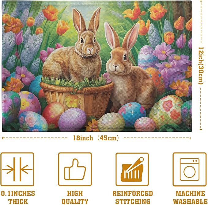 Easter Rabbits Eggs Placemats Set of 4 Easter Bunny Tulip Flowers Table Place Mats Seasonal Farmhouse Spring Holiday Table Mat for Party Kitchen Dining Outdoor Indoor Decor