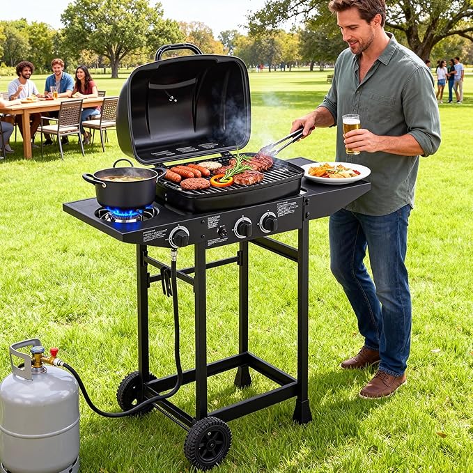 Unovivy 2-Burner Portable Propane Gas Grill with Side Burner, BBQ Grill with Built-in Thermometer, 24,000 BTU Small Camping Barbecue Grills with Oil Tray for Outdoor Cooking, Patio, Garden