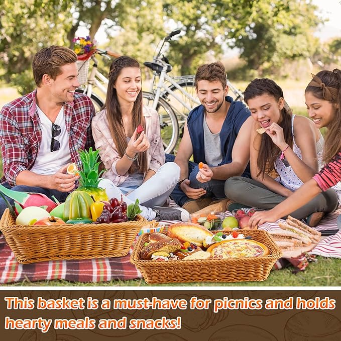 Tioncy 10 Pcs Poly Wicker Bread Basket 17.72 x 13.78 x 3.15 Woven Bread Imitation Rattan Fruit Basket Tray Stackable Rectangular Food Baskets for Serving Display Storage Kitchen Restaurant Vegetable
