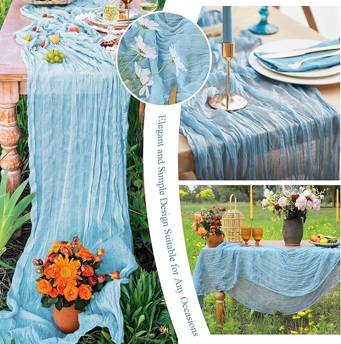 8 Packs Cheesecloth Table Runner 10FT Long Boho Gauze Fabric Table Runner Vintage Rustic Sheer Runners for Wedding Party Bridal Baby Shower Table Decorations (Light Blue)