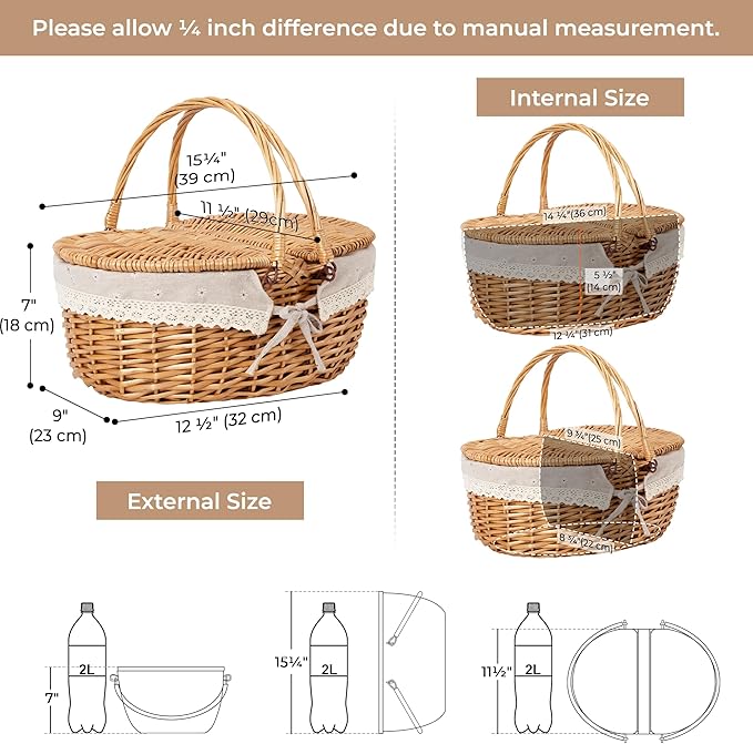 GRANNY SAYS Wicker Picnic Basket for 2 with Handles, Woven Cute Boo Basket with Washable Liner & Dual-Flip Lid, Vintage Large Picnic Baskets for Camping, Outdoor, Easter, Gift, Costume, Flower Liner