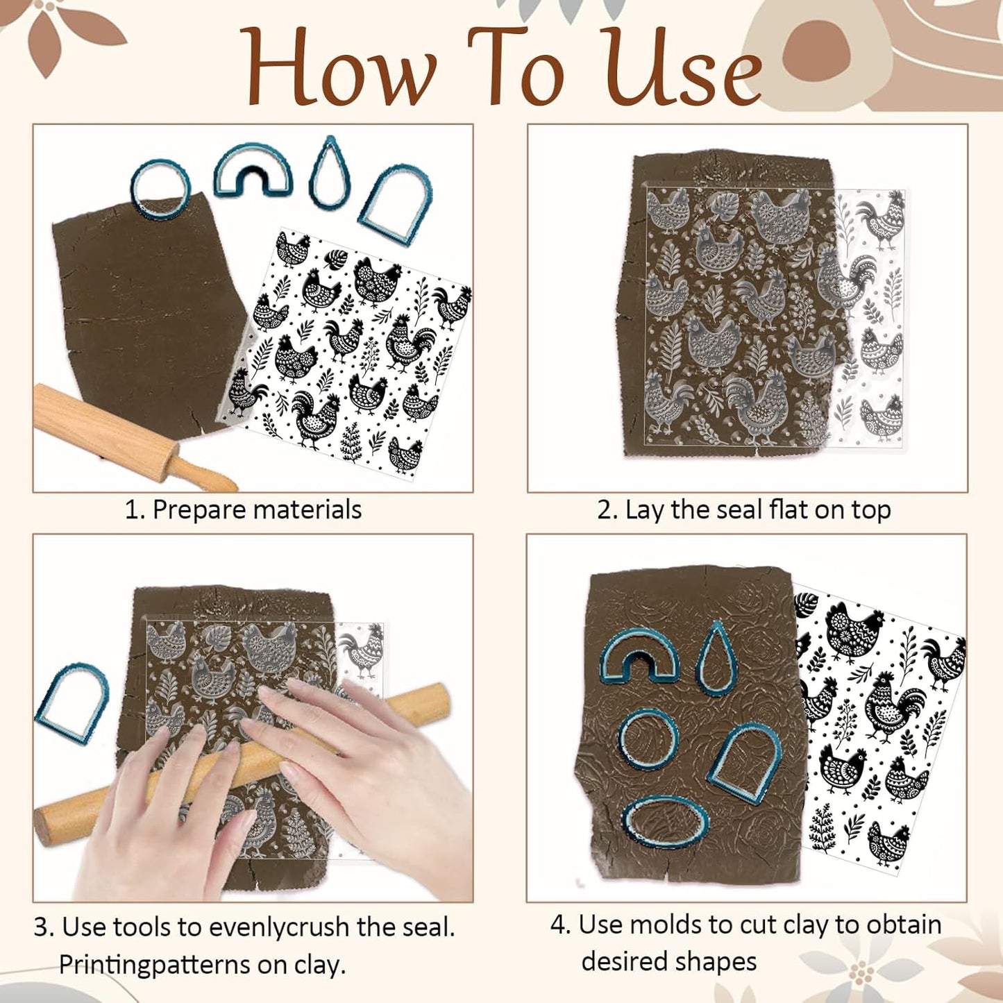 CHGCRAFT Artistic Chicken Silhouette Polymer Clay Texture Sheet Plant Leaves Bohemian Silicone Texture Mat for Polymer Clay Making Earrings Jewelry DIY Crafts 5.5 × 5.5 Inch