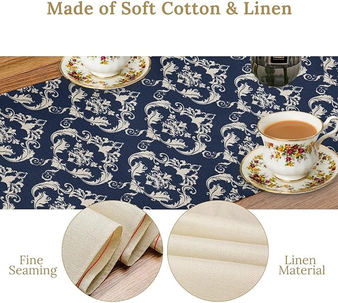 Blue Damask Table Runner, Rustic Gothic Baroque Style Floral Bohemian Boho Flower Antique Vintage Coffee Table Center Decor for Kitchen and Dining Outdoor Country Party Table Decorations, 13"x72"