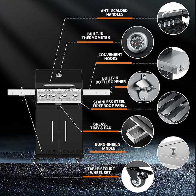 Propane Gas Grill, 4+1 Stainless Steel Barbecue Grill with Infrared Side Burner for Outdoor Cooking, Black