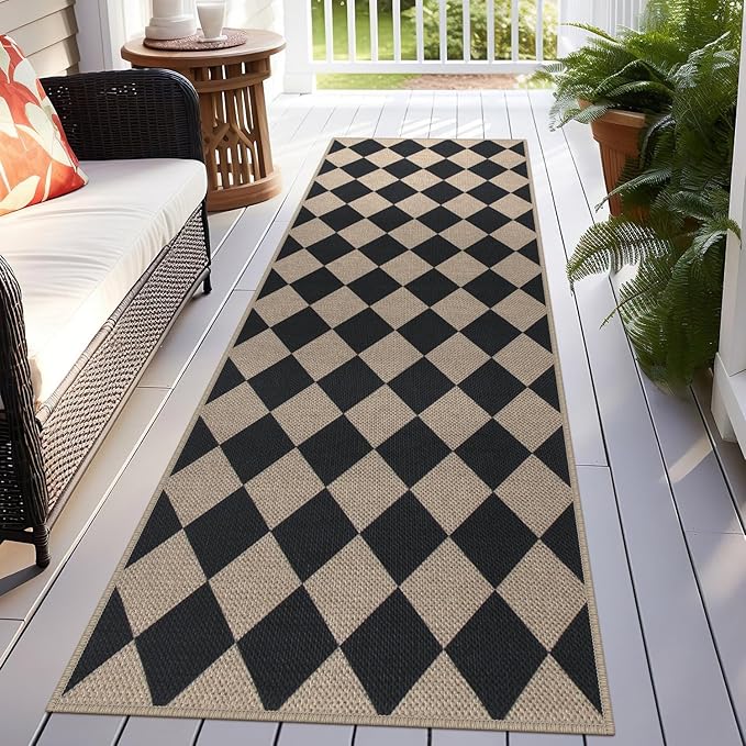 Easy Jute Checkered Runner Rug, 2.6x8 Black Modern Washable Rugs Runner for Hallway Non-Slip Kitchen Runner Rug, Geometric Diamond Indoor Outdoor Carpet for Porch Laundry Entryway