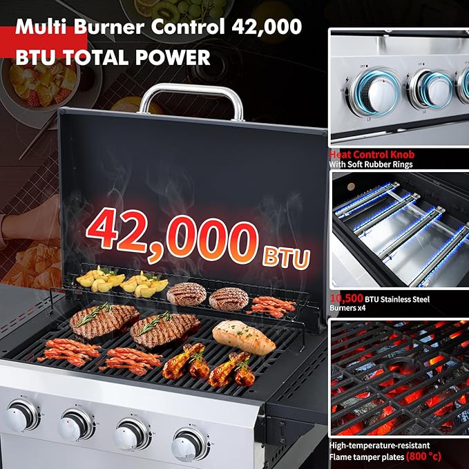 CIG GARDEN 4 Burner Propane Gas Grill, 42,000 BTU Output Flat Top BBQ Grill with Stainless Steel Griddle, Perfect for Outdoor Cooking, Balcony, Backyard, Camping, Barbecue