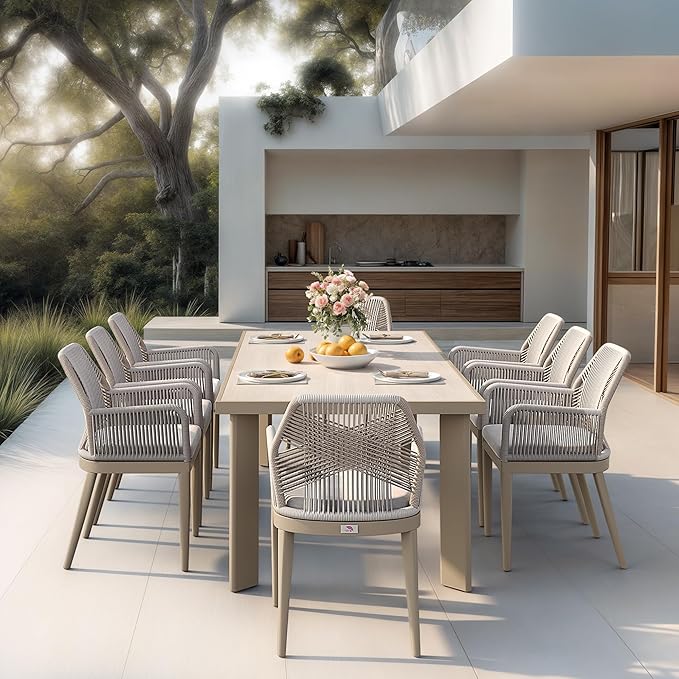 PURPLE LEAF 9 Pieces Patio Dining Set Aluminum Modern Rectangular Table and Rattan Arm Chairs with Cushions for Kitchen Porch Garden Outdoor Furniture Sets, Champagne