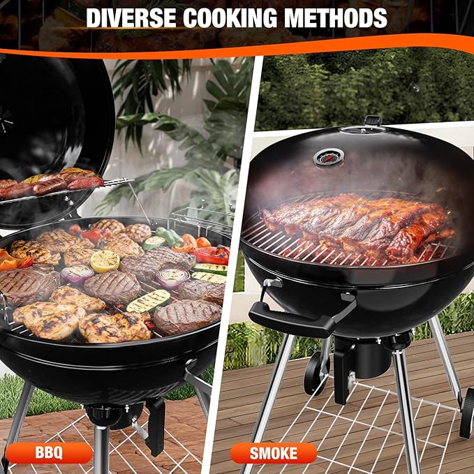22 inch Premium Charcoal Grill, Kettle Barbecue and Smoker Grills 500+ Sq. In. Cooking Area for Outdoor BBQ, Tailgating and Patio, Black
