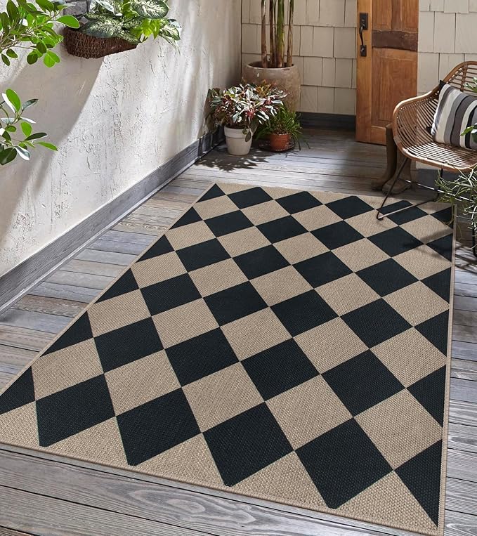 Easy Jute Checkered Area Rug, 3x5 Indoor Outdoor Door Mat Washable Black Modern Diamond Kitchen Rugs, Non-Slip Neutral Farmhouse Throw Carpet for Living Room Patio Kids Room