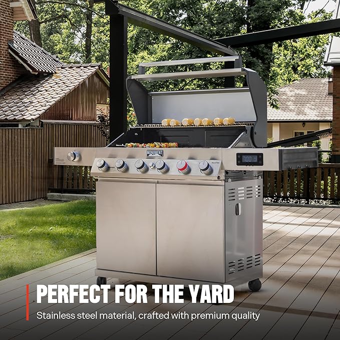 Monument Grills 6+1 Burner Smart Propane Gas Grill, Denali 605Pro Stainless Steel Grill 78,000 BTU Outdoor Barbecue Grill with Side Burner, Pizza Stone, Round Cooking Plate & Grid, Cover, Rotisserie