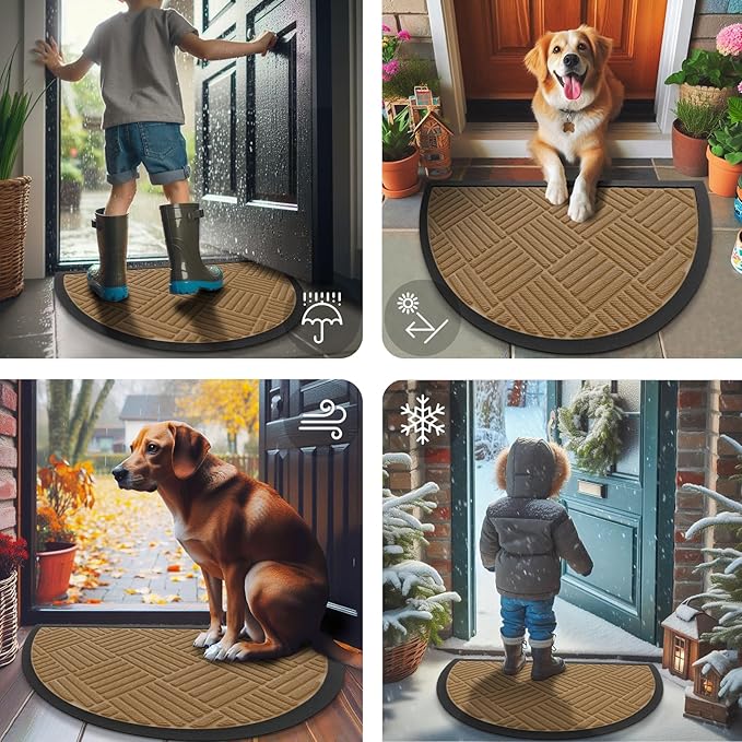 Smiry Half Circle Front Door Mat Outside Entrance, Heavy Duty Outdoor Indoor Natural Rubber Doormat, Non Slip, Trap Dirt and Moisture, Easy Clean Low Profile Patio Porch Entryway Mat, 29.5x17, Coffee