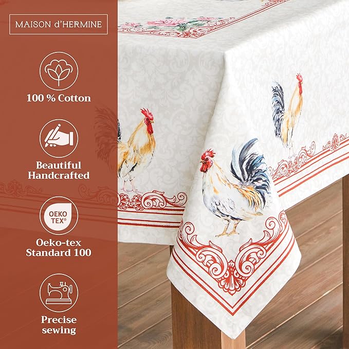 Maison d' Hermine Table Cloth Square Table 100% Cotton 60 x 60 Inches Tablecloth Reusable Decorative Everyday Use for Dining Room, Farmhouse, Home, Party, Festive & Wedding Spring Summer - Campagne
