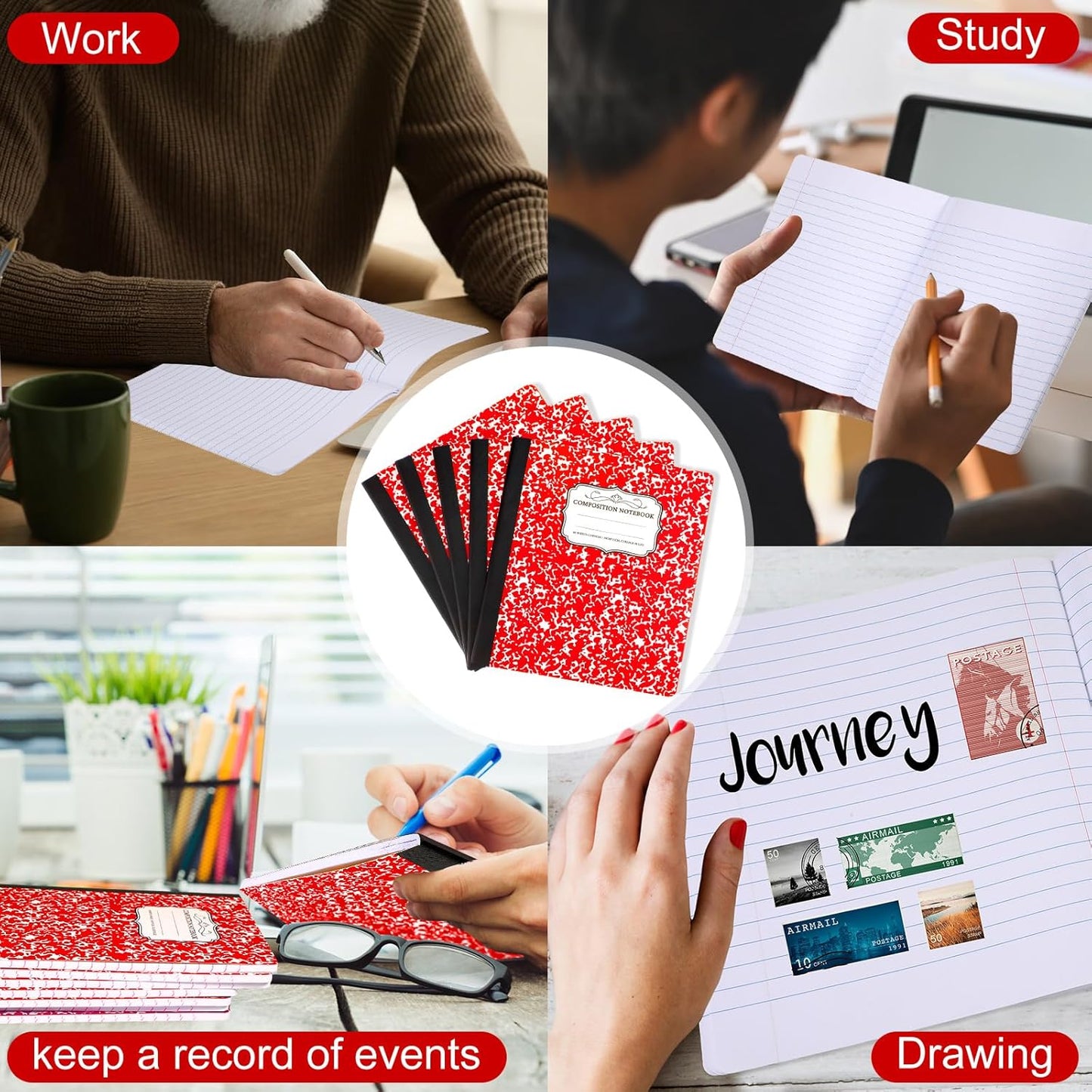 Seajan 20 Pack Composition Notebooks, Wide Ruled Paper, 7-1/2" x 9-3/4" Marble Hard Covers, 60 Sheets, Composition Notebooks Bulk for Students Back to School Adults Office Supplies(Red)