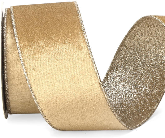 Ribbli Champagne Gold Velvet Wired Ribbon 2.5 Inch Khaki Velvet with Champagne Glitter Christmas Ribbon for Christmas Tree Decoration Big Bow Gift Wrapping Crafts Wreaths Supplies- 10 Yards