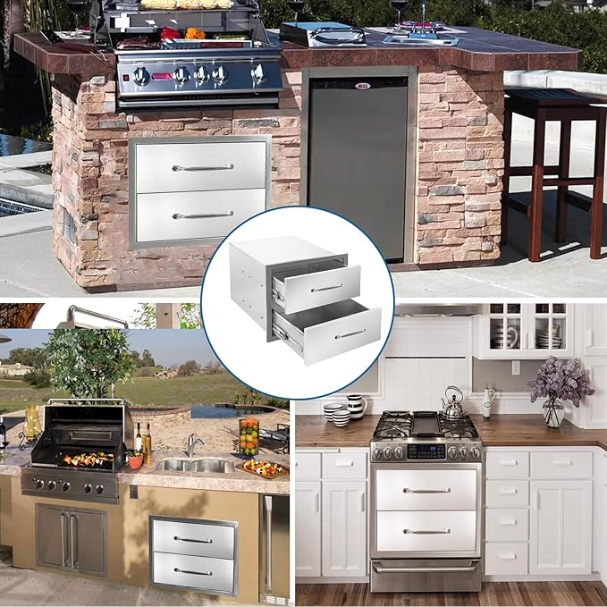 Outdoor Kitchen Drawers 18"Wx15"Hx23"D Flush Mount Access 2-Drawer BBQ Stainless Steel Drawers with Handle for Outdoor Kitchen Island or Grill Station