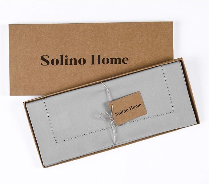 Solino Home Light Grey Table Runner 60 Inches - Cotton Linen Hemstitch Coffee Table Runner 14 x 60 Inch Ideal for Dresser Tables - Spring, Easter