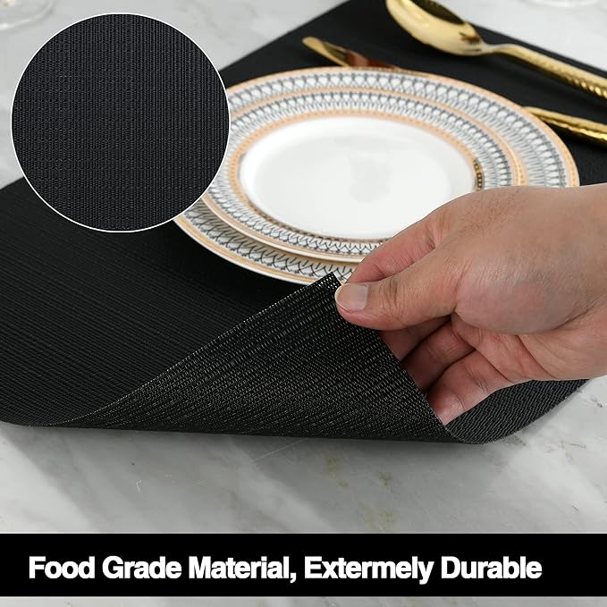 SLKQG Black Placemats Set of 6 - Easy Clean Washable Vinyl Placemats - Wipeable Heat Proof Table Mats for Dining Table - 17x12 Inch (Pure Black, 6)