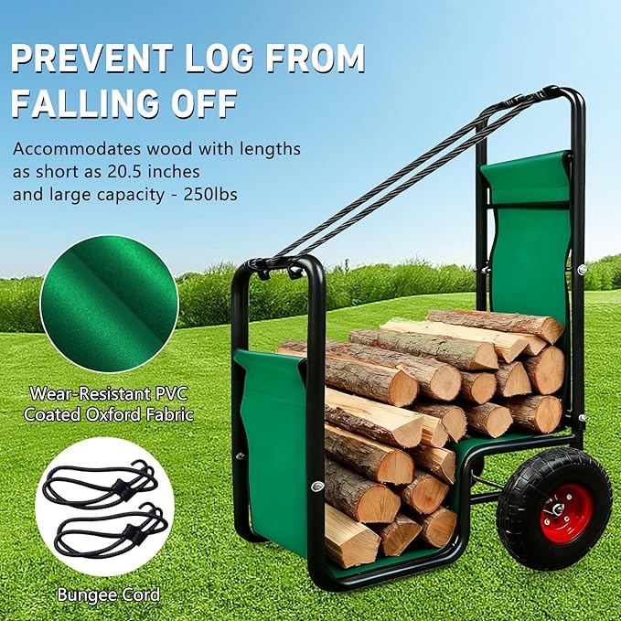 Kapler Firewood Cart with Wheels - Heavy Duty Steel Dolly Hauler & Wear-Resistant PVC Coated Oxford Fabric - 250 LB Capacity for Indoor Outdoor Fireplace Fire Pit Use