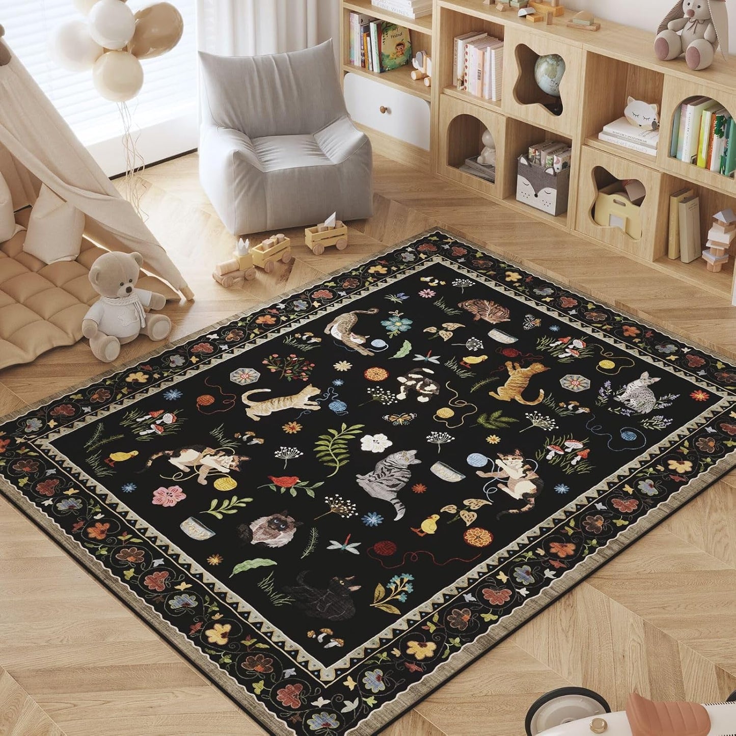 Rugcomf Living Room Rug 6x9 Rug Machine Washable Boho Area Rug Non Slip Floral Animal Cat Vintage Low Pile Large Rug for Living Room Bedroom Farmhouse Dining Room Kids Playroom, Black