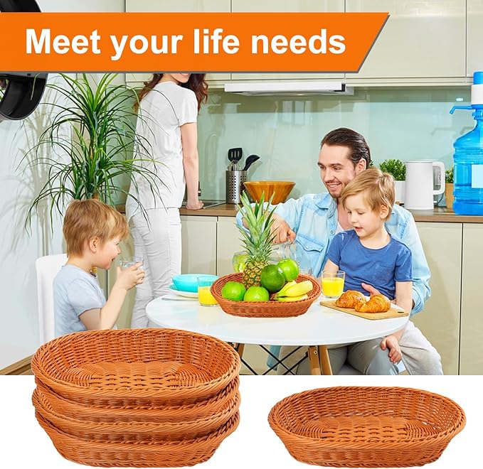 5 Pack 13.8 Inch Oval Poly Wicker Baskets, Plastic Oval Wicker Baskets, Rustic, Durable & Easy-Cleaning Wicker Bread Basket, for Home, Restaurant & Hotel Use, Brown