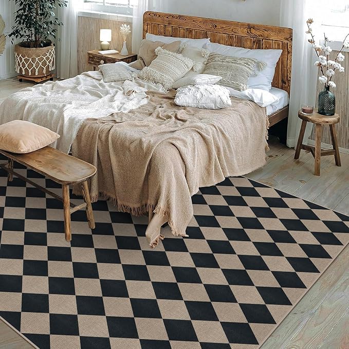 Easy Jute Black Checkered 8x10 Area Rug, Washable Modern Outdoor Rug for Patio Non-Slip Diamond Rugs for Living Room, Neutral Farmhouse Floor Carpet for Bedroom Dining Room Classroom