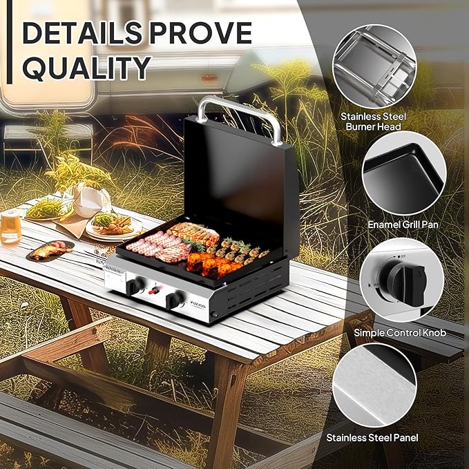 ROVSUN 2 Burner Portable Propane Griddle with Enameled Tray & Lid, 20,000 BTU Tabletop Flat Top Gas Grill with Electronic Ignition & Regulator for Outdoor Cooking Camping BBQ Tailgating Picnicking