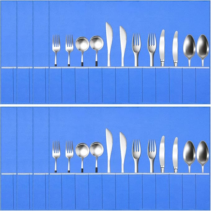 ikaufen 8Pcs Silver Storage Bags Anti Tarnish Flannel Silver Protector Bags Blue Holder for Silverware Flatware Storage Organizer Silver Storage Cloth with White Ribbon for Kitchen Utensils