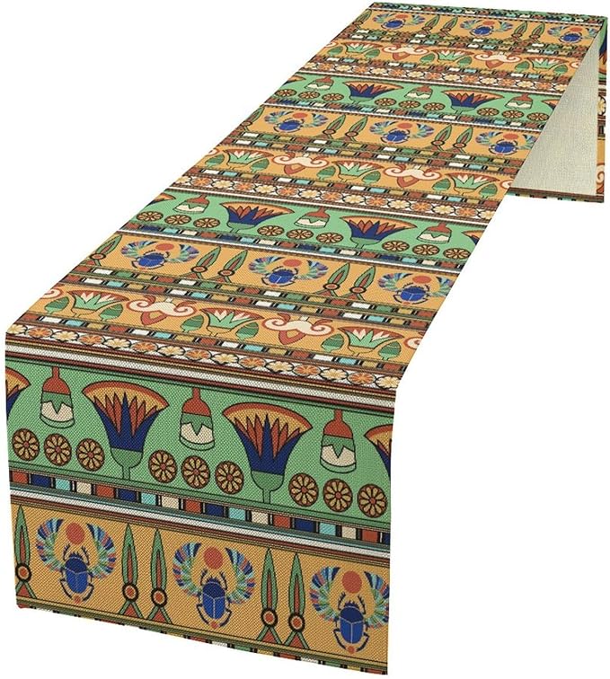 Egyptian Print Table Runner, Egyptian Ornament Scarab Flower Abstract Design Table Runner for Dining Kitchen Party Outdoor Holiday 13x70in